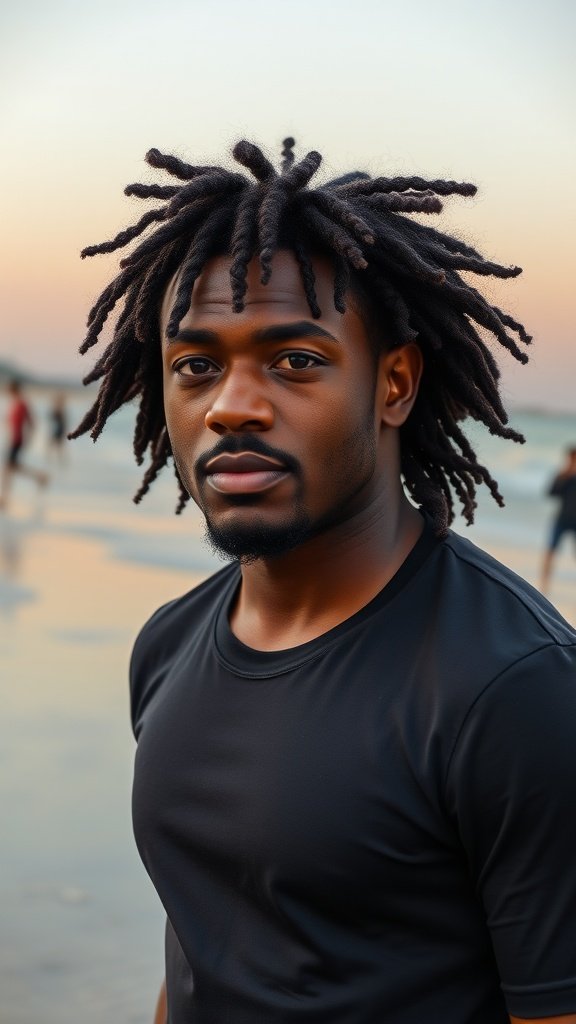 Black men haircuts with shoulder-length curly hair, standing on the beach during sunset.