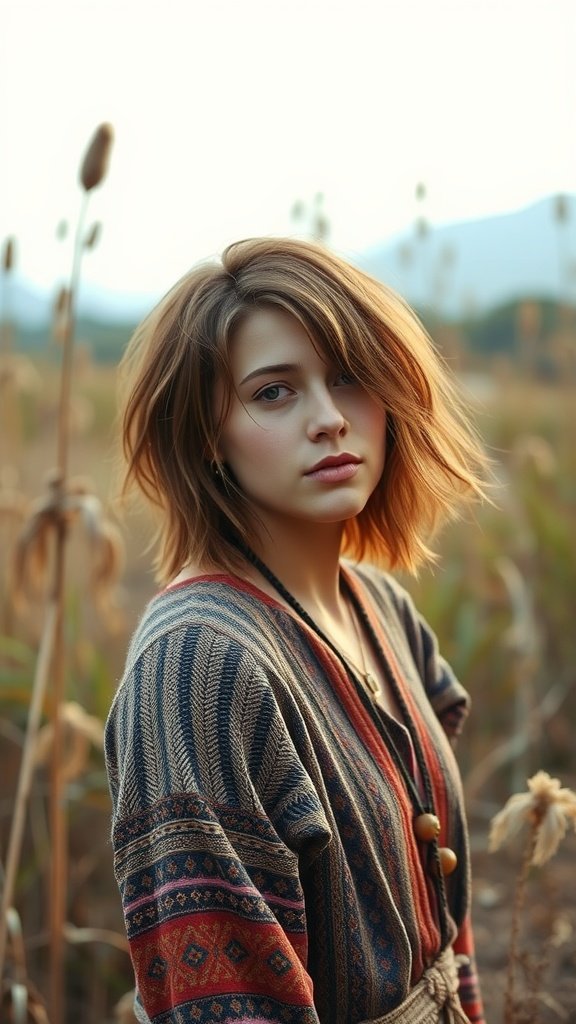 A young woman with shoulder length shaggy hair, wearing a patterned sweater, standing in a field.